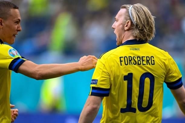 Sweden's midfielder Emil Forsberg reacts during the UEFA EURO 2020 Group E football match between Sweden and Poland at Saint Petersburg Stadium in...