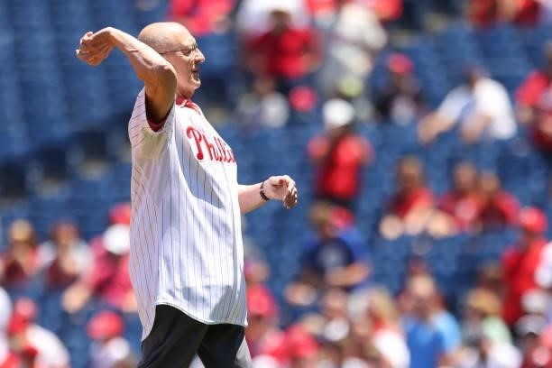 Former Philadelphia Phillies pitcher Rick Wise, throws out the first pitch on the 50th anniversary of his no-hit, two home run game before the...