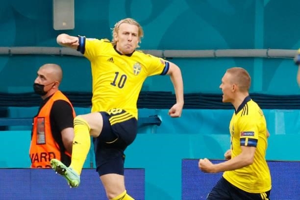 Sweden's midfielder Emil Forsberg celebrates after scoring his team's first goal during the UEFA EURO 2020 Group E football match between Sweden and...