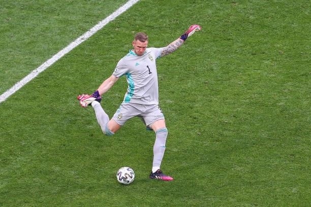 Sweden's goalkeeper Robin Olsen shots the ball during the UEFA Euro 2020 Championship Group E match between Sweden and Poland at Saint Petersburg...