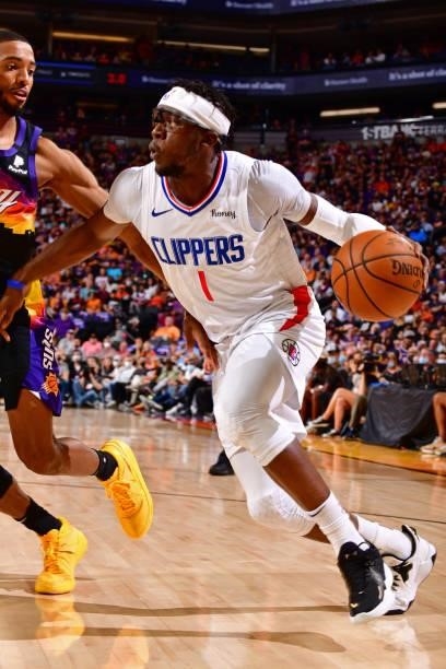 Reggie Jackson of the LA Clippers drives to the basket against the Phoenix Suns during Game 2 of the Western Conference Finals of the 2021 NBA...