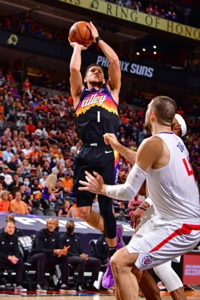 Devin Booker of the Phoenix Suns shoots the ball against the LA Clippers during Game 2 of the Western Conference Finals of the 2021 NBA Playoffs on...
