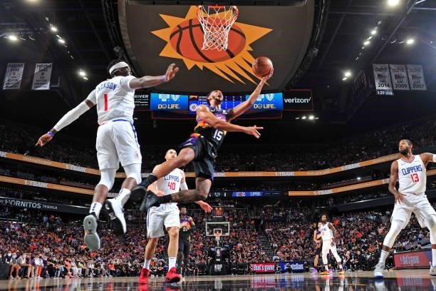 Cameron Payne of the Phoenix Suns drives to the basket against the LA Clippers during Game 2 of the Western Conference Finals of the 2021 NBA...
