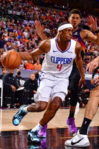 Rajon Rondo of the LA Clippers drives to the basket against the Phoenix Suns during Game 2 of the Western Conference Finals of the 2021 NBA Playoffs...