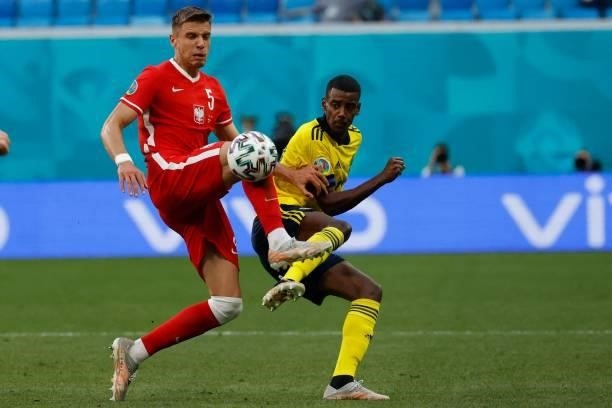 Poland's defender Jan Bednarek fights for the ball with Sweden's forward Alexander Isak during the UEFA EURO 2020 Group E football match between...