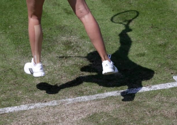 Shoe details as Elena Rybakina of Kazakhstan serves during her second round women's singles match against Elina Svitolina of Ukraine during day 5 of...