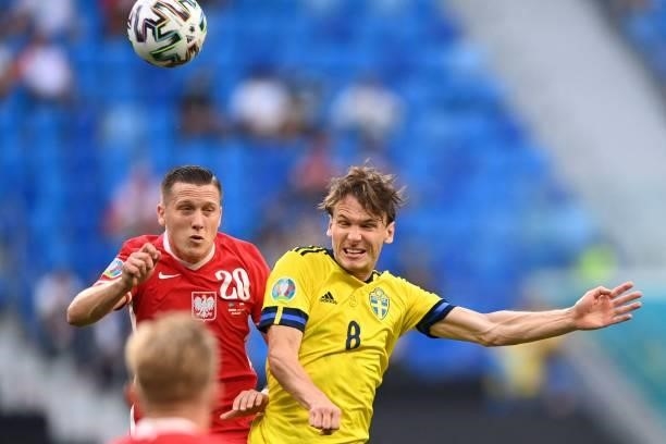 Poland's midfielder Piotr Zielinski jumps for the ball with Sweden's midfielder Albin Ekdal during the UEFA EURO 2020 Group E football match between...