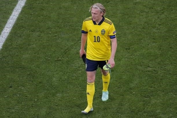 Sweden's midfielder Emil Forsberg walks off the pitch at half time during the UEFA EURO 2020 Group E football match between Sweden and Poland at...