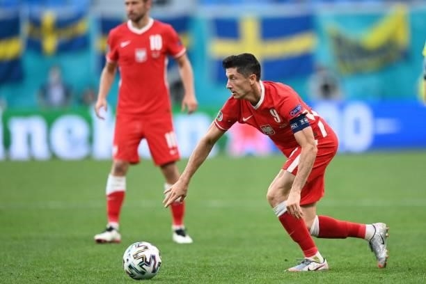 Poland's forward Robert Lewandowski controls the ball during the UEFA EURO 2020 Group E football match between Sweden and Poland at Saint Petersburg...