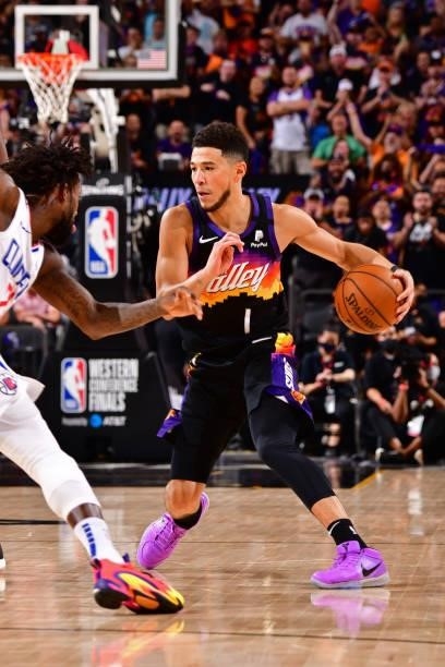 Devin Booker of the Phoenix Suns dribbles the ball against the LA Clippers during Game 2 of the Western Conference Finals of the 2021 NBA Playoffs on...