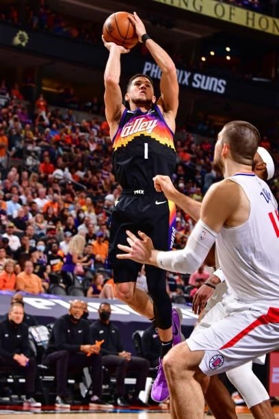 Devin Booker of the Phoenix Suns shoots the ball against the LA Clippers during Game 2 of the Western Conference Finals of the 2021 NBA Playoffs on...