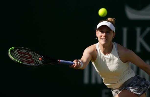 Alison Riske of the USA in action during her second round women's singles match against Aryna Sabalenka of Belarus during day 5 of the Viking...