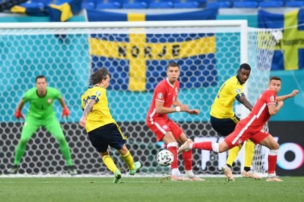 Sweden's midfielder Kristoffer Olsson kicks the ball during the UEFA EURO 2020 Group E football match between Sweden and Poland at Saint Petersburg...