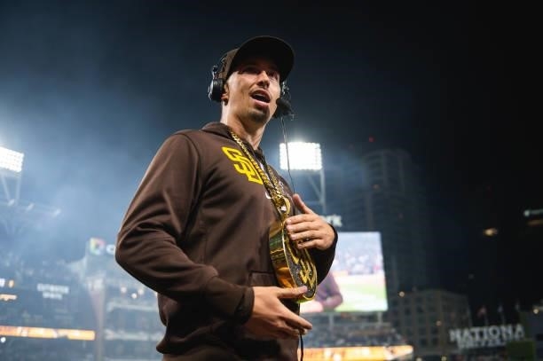 The 'swag chain' on Blake Snell after the game against the Los Angeles Dodgers on June 22, 2021 at Petco Park in San Diego, California.