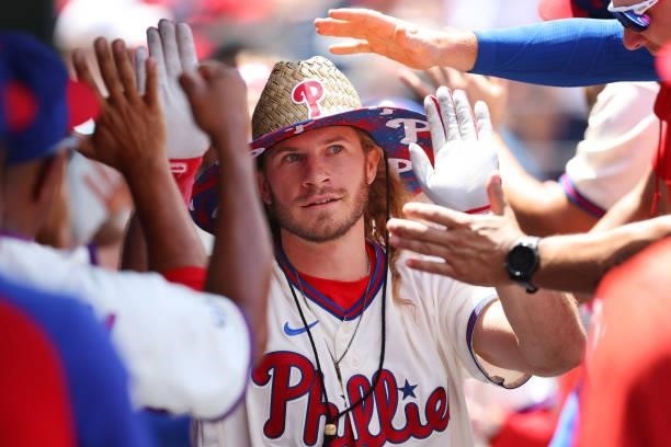Travis Jankowski of the Philadelphia Phillies is congratulated after he hit a three-run home run against the Washington Nationals during the second...