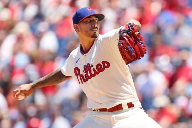 Pitcher Vince Velasquez delivers a pitch against the Washington Nationals during the first inning of a game at Citizens Bank Park on June 23, 2021 in...