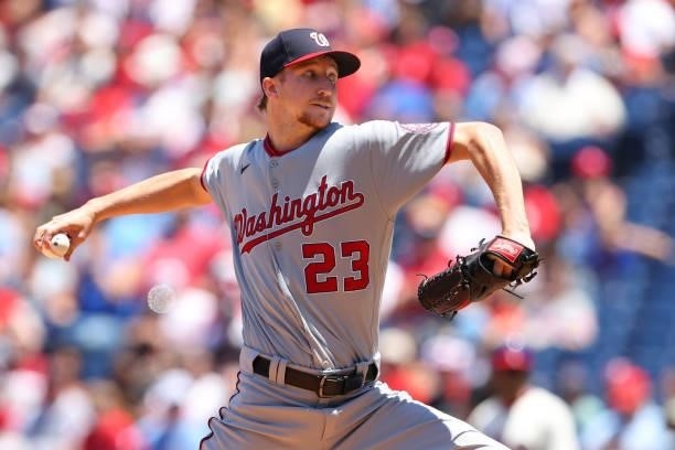 Pitcher Erick Fedde of the Washington Nationals delivers a pitch against the Philadelphia Phillies during the first inning of a game at Citizens Bank...