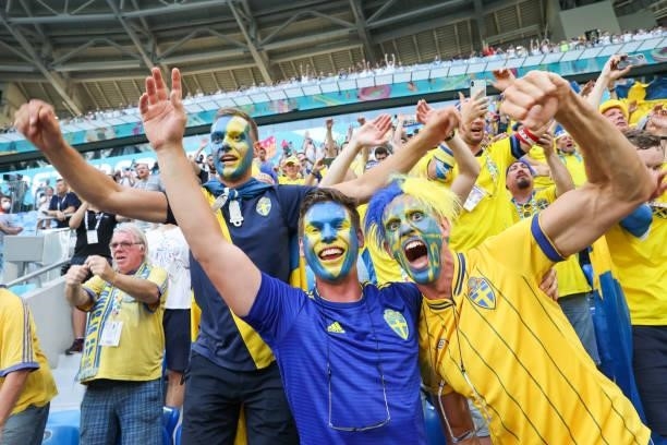 Fans of Team Sweden cheer during the UEFA Euro 2020 Championship Group E match between Sweden and Poland at Saint Petersburg Stadium on June 23, 2021...