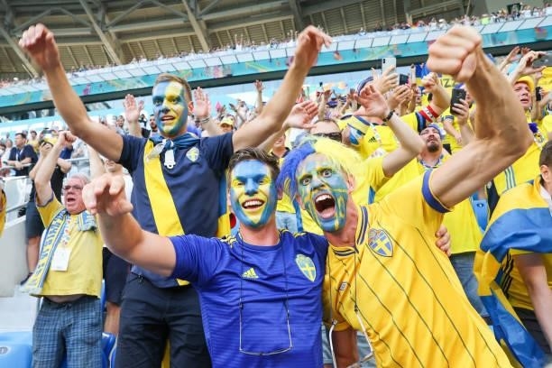 Fans of Team Sweden cheer during the UEFA Euro 2020 Championship Group E match between Sweden and Poland at Saint Petersburg Stadium on June 23, 2021...