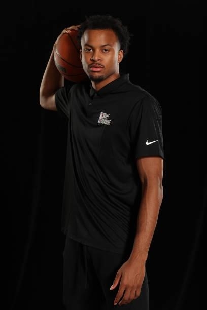 Draft Prospect, Moses Moody poses for a portrait during the 2021 NBA Draft Combine on June 23, 2021 at the Wintrust Arena in Chicago, Illinois. NOTE...