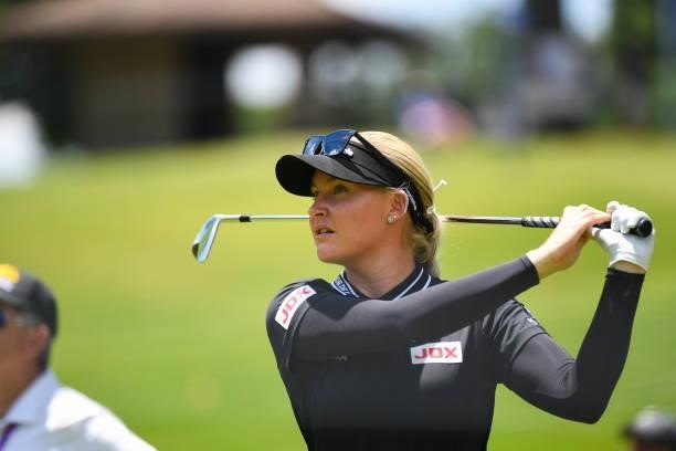Charley Hull of England hits her tee shot on the 15th hole during a practice round for the 2021 KPMG Women's Championship at the Atlanta Athletic...