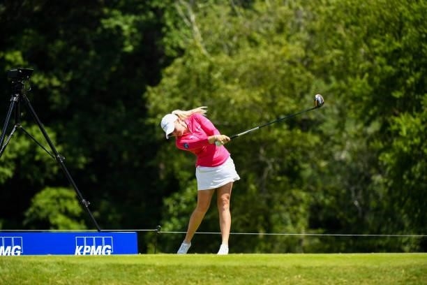 Stephanie Meadow of Northern Ireland hits her tee shot on the 14th hole during a practice round for the 2021 KPMG Women's Championship at the Atlanta...