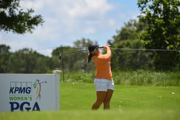 Professional, Stephanie Connelly-Eiswerth hits her tee shot on the 17th hole during a practice round for the 2021 KPMG Women's Championship at the...