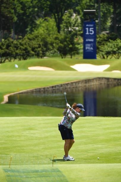 Professional, Moira Dunn-Bohls hits out of the fairway on the 15th hole during a practice round for the 2021 KPMG Women's Championship at the Atlanta...