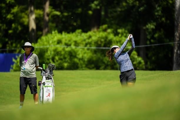 Emma Talley hits out of the fairway on the 13th hole during a practice round for the 2021 KPMG Women's Championship at the Atlanta Athletic Club on...