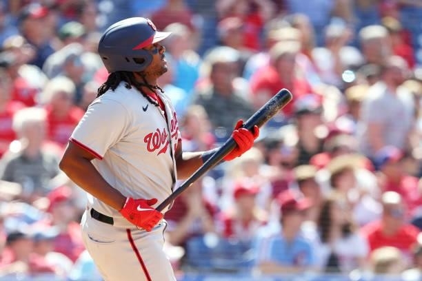 Josh Bell of the Washington Nationals hits a grand slam home run against the Philadelphia Phillies during the sixth inning of a game at Citizens Bank...
