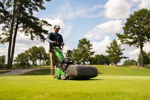 Maintenance using John Deere on the first hole during a practice round for the 2021 KPMG Women's Championship at the Atlanta Athletic Club on June...