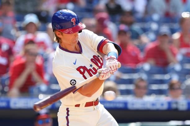 Luke Williams of the Philadelphia Phillies hits an RBI single against the Washington Nationals during the seventh inning of a game at Citizens Bank...