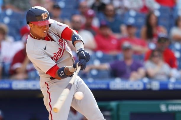 Starlin Castro of the Washington Nationals hits a two run single against the Philadelphia Phillies during the ninth inning of a game at Citizens Bank...