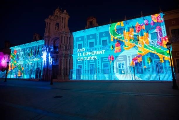 General view of Sevilla Espectacular light show at San Telmo Palace ahead of the UEFA Euro 2020 Championship on June 23, 2021 in Seville, Spain.