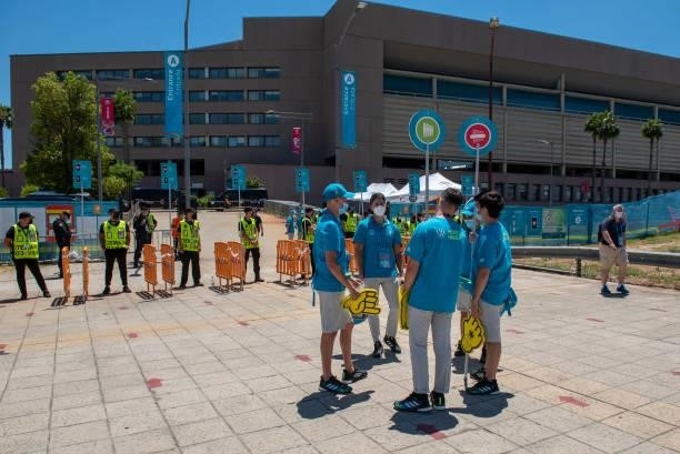 Euro 2020 Championship volunteers at work at Estadio La Cartuja on June 23, 2021 in Seville, Spain.