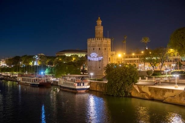 General view of Sevilla Espectacular light show at La Torre del Oro ahead of the UEFA Euro 2020 Championship on June 23, 2021 in Seville, Spain.
