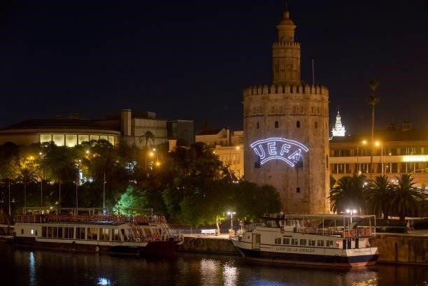 General view of Sevilla Espectacular light show at La Torre del Oro ahead of the UEFA Euro 2020 Championship on June 23, 2021 in Seville, Spain.