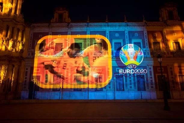 General view of Sevilla Espectacular light show at San Telmo Palace ahead of the UEFA Euro 2020 Championship on June 23, 2021 in Seville, Spain.