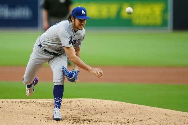 Trevor Bauer of the Los Angeles Dodgers pitches during the game between the Los Angeles Dodgers and the San Diego Padres at Petco Park on Wednesday,...
