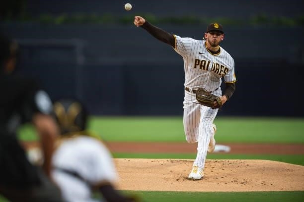 Joe Musgrove of the San Diego Padres pitches in the first inning against the Los Angeles Dodgers on June 23, 2021 at Petco Park in San Diego,...