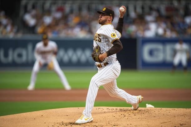 Joe Musgrove of the San Diego Padres pitches in the first inning against the Los Angeles Dodgers on June 23, 2021 at Petco Park in San Diego,...