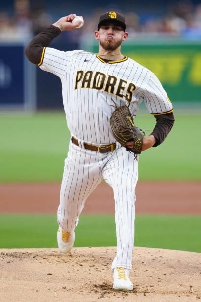 Joe Musgrove of the San Diego Padres pitches during the game between the Los Angeles Dodgers and the San Diego Padres at Petco Park on Wednesday,...