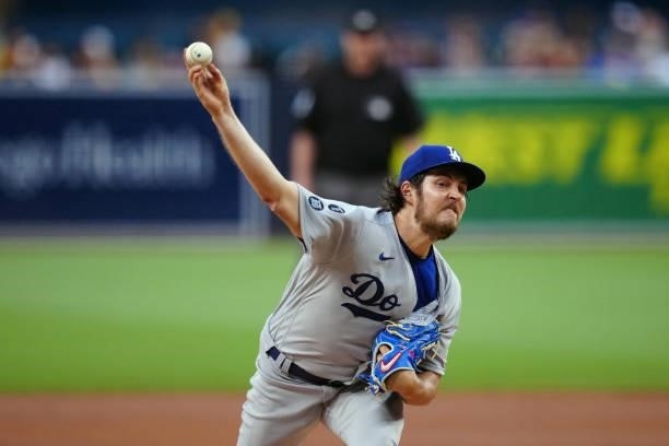 Trevor Bauer of the Los Angeles Dodgers pitches during the game between the Los Angeles Dodgers and the San Diego Padres at Petco Park on Wednesday,...