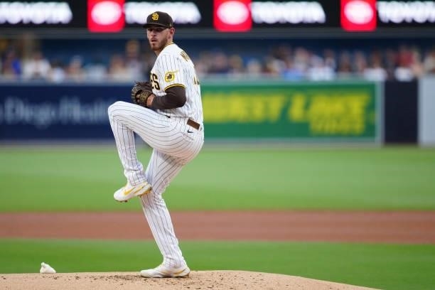Joe Musgrove of the San Diego Padres pitches during the game between the Los Angeles Dodgers and the San Diego Padres at Petco Park on Wednesday,...
