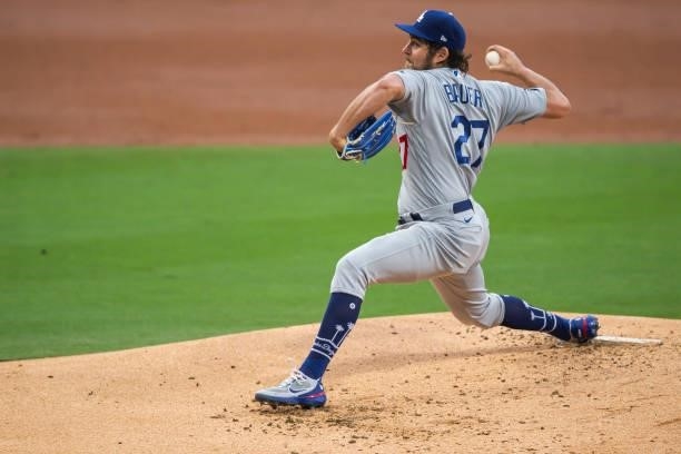 Trevor Bauer of the Los Angeles Dodgers pitches in the first inning against the San Diego Padres on June 23, 2021 at Petco Park in San Diego,...