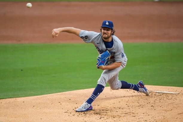 Trevor Bauer of the Los Angeles Dodgers pitches in the first inning against the San Diego Padres on June 23, 2021 at Petco Park in San Diego,...