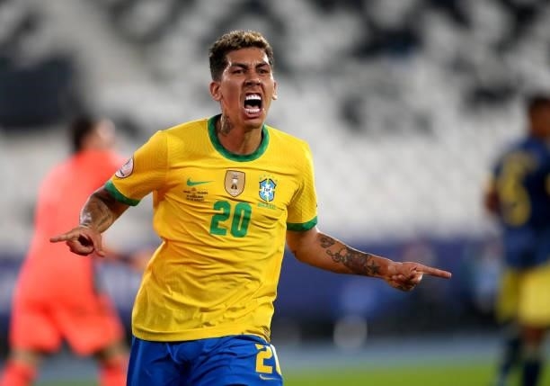 Roberto Firmino of Brazil celebrates after scoring a goal during the match between Brazil and Colombia as part of Conmebol Copa America Brazil 2021...