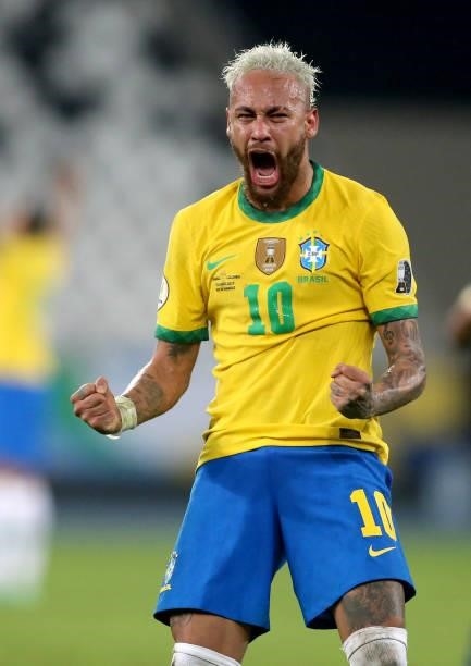 Neymar Jr of Brazil celebrates during the match between Brazil and Colombia as part of Conmebol Copa America Brazil 2021 at Estadio Olímpico Nilton...
