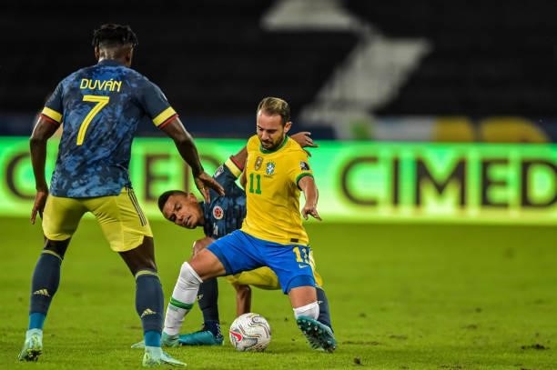 Everton Ribeiro player from Brazil disputes a bid with Tessilo player from Colombia Group B match between Brazil and Colombia as part of Copa America...