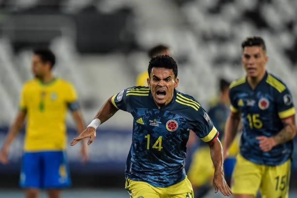 Luis Diaz Colombia player celebrates his goal during the Group B match between Brazil and Colombia as part of Copa America Brazil 2021 at Estadio...